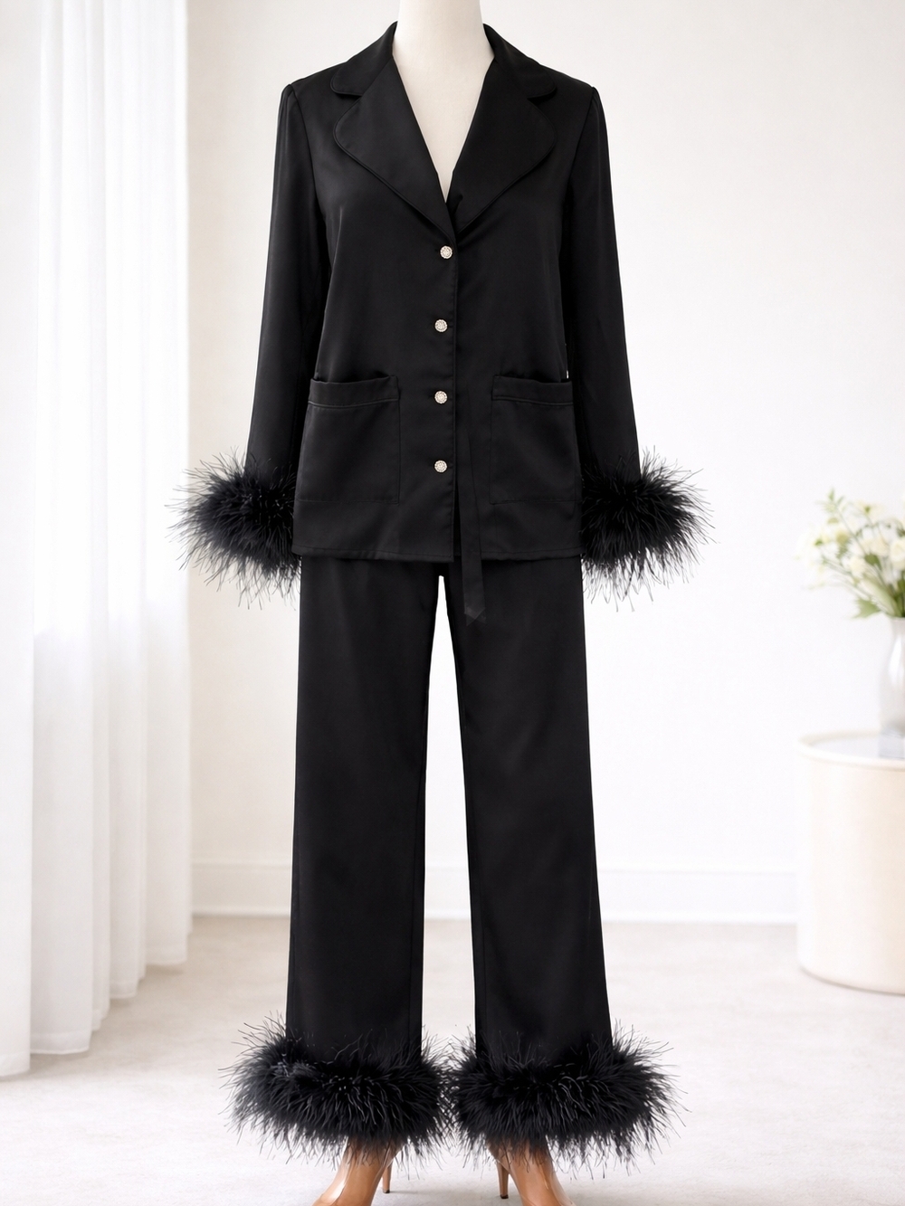 Nadine Merabi Darcie Black Satin Feather Pyjama Top - NWT - Size S/M